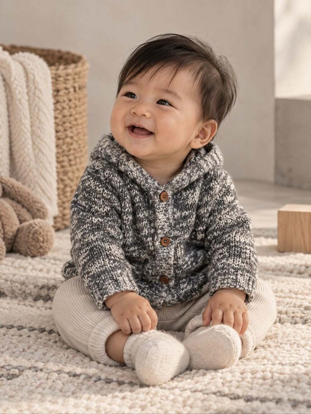 Zara Mini Baby Wool Blend Hooded Cardigan 3-6M 68 Chunky Knit Gray